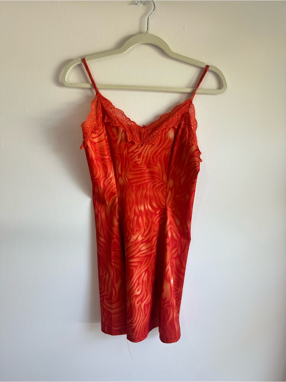 Red- Orange Lace Trim Patterned Satin Slip Dress